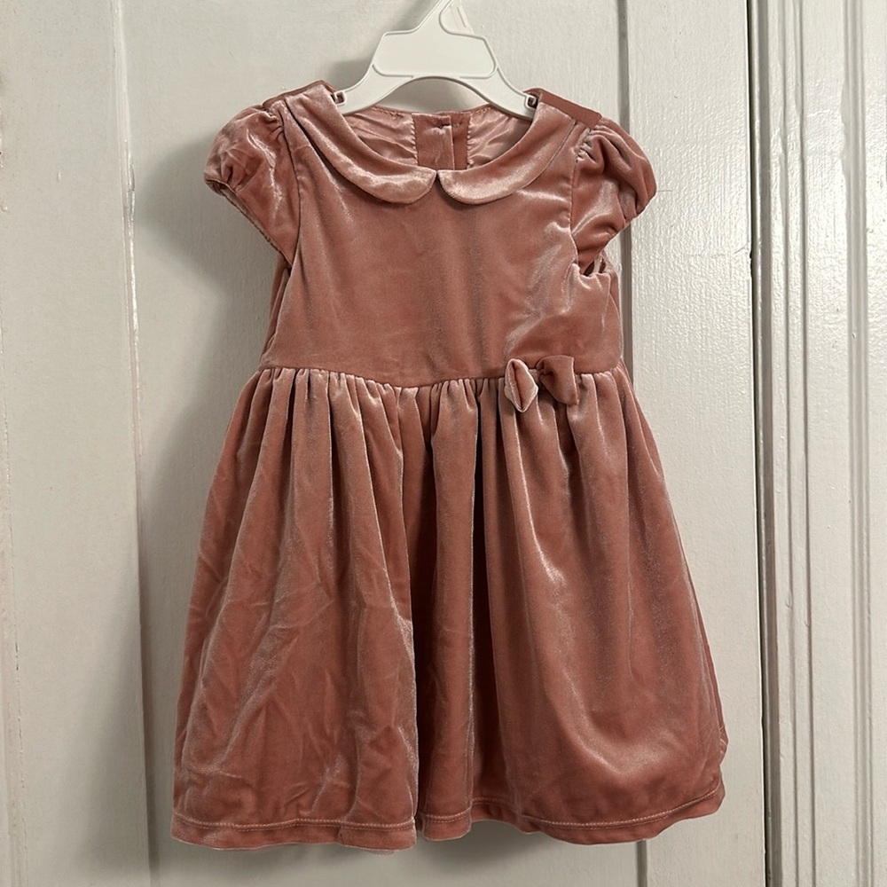 NWT H&M velour pink collar Peter Pan cap sleeve dress bow toddler size 1.5-2